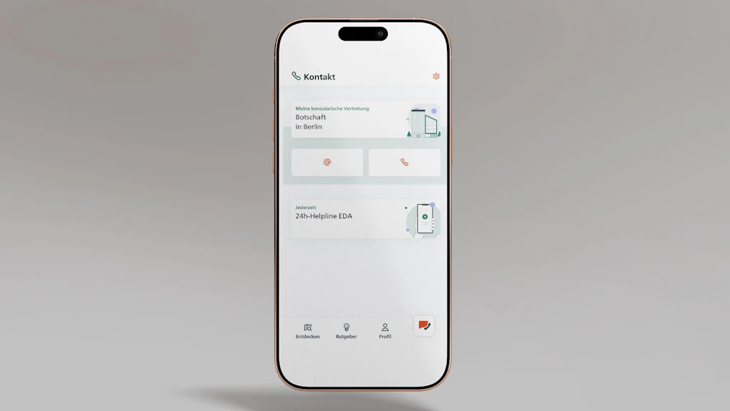 Das Bild zeigt ein Smartphone, auf dem die Seite «Kontakte der Vertretung» der App SwissInTouch geöffnet ist.
